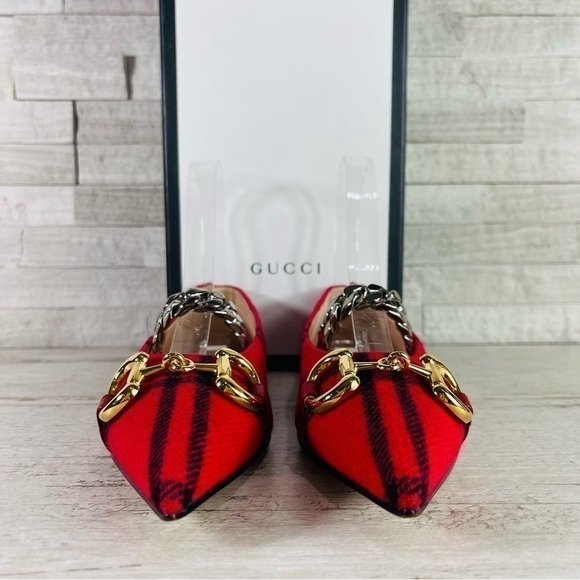 NWT GUCCI Archive Wool Check Pointed Toe Ballet Flats Shoes Red/Black SZ 35 - Picture 7 of 16
